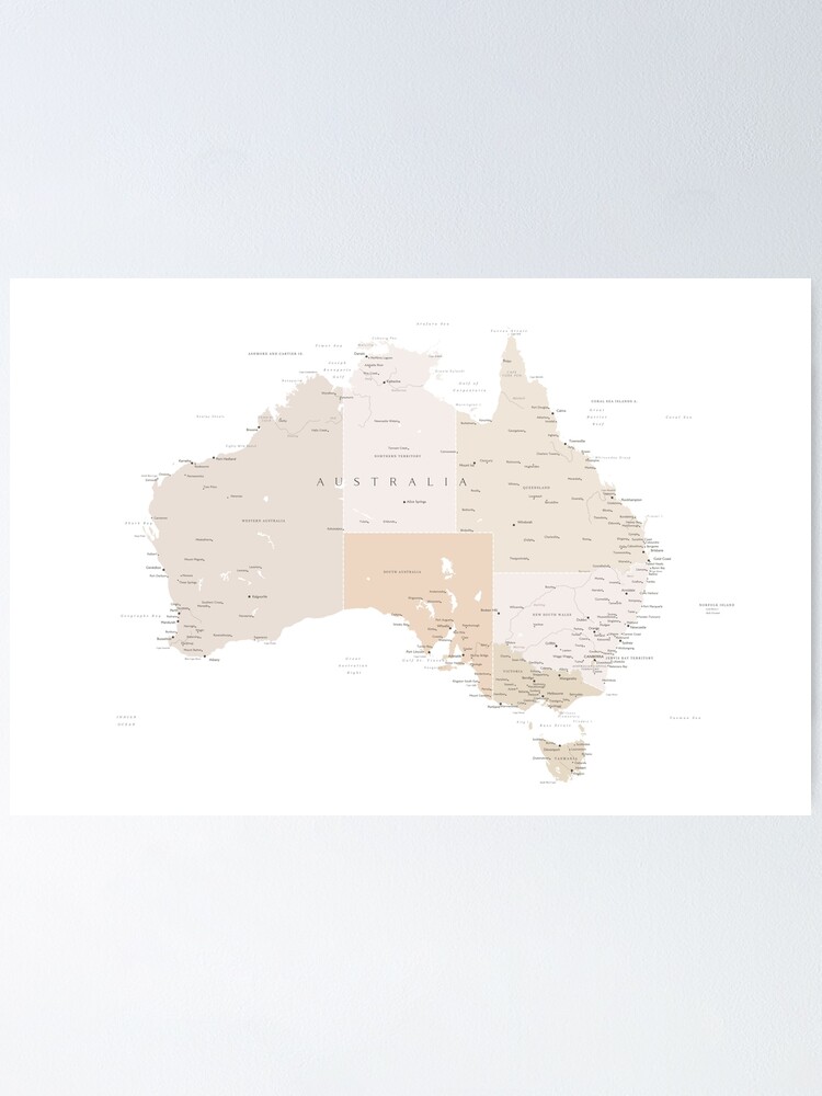Alternate view of Map of Australia with cities in beige and light brown Poster