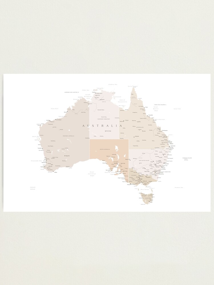 Alternate view of Map of Australia with cities in beige and light brown Photographic Print
