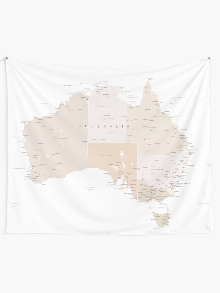 Alternate view of Map of Australia with cities in beige and light brown Tapestry