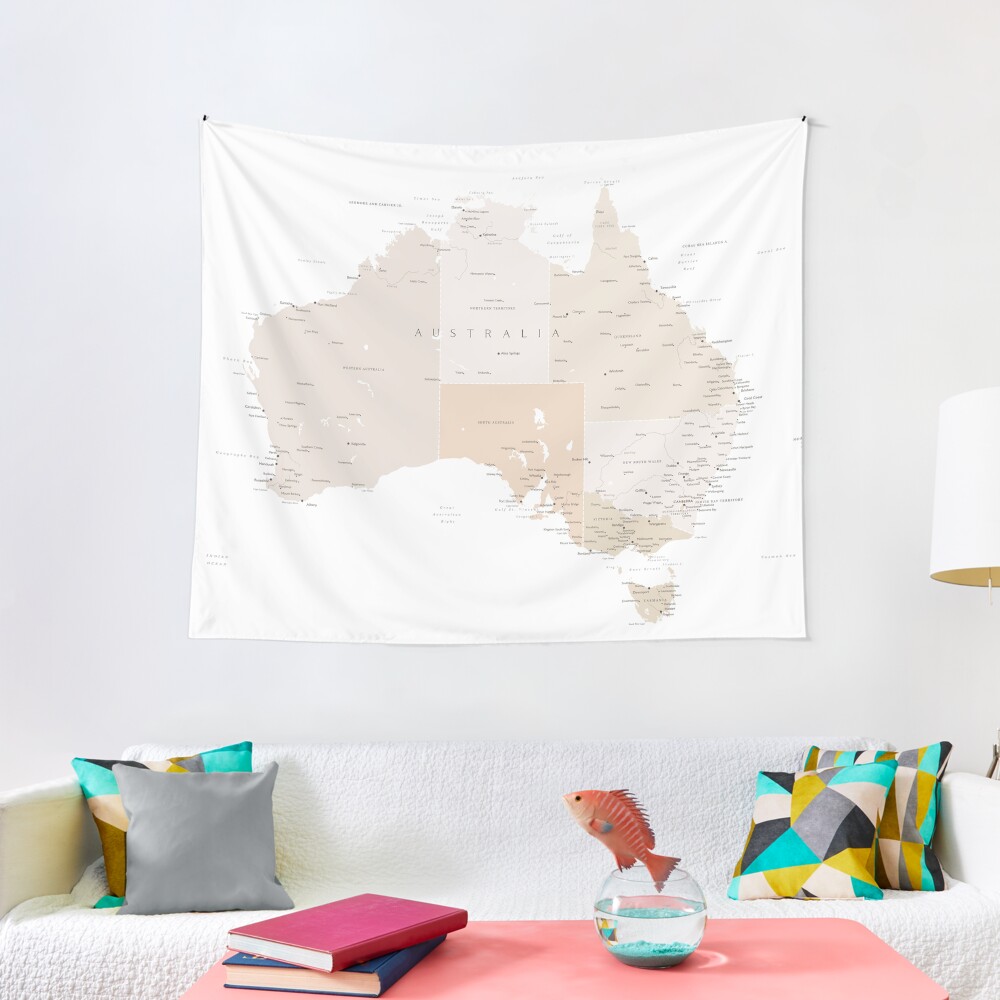 Map of Australia with cities in beige and light brown Tapestry