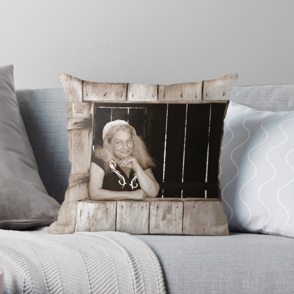 Angie at Mulligans Hut Throw Pillow
