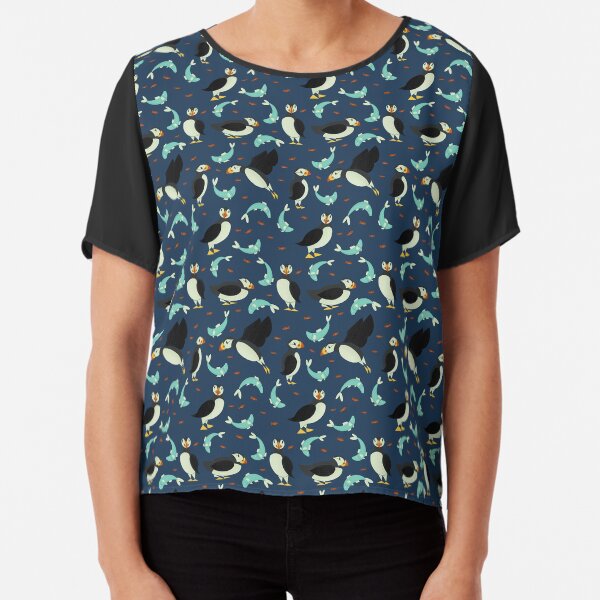 Geometric Puffins on Dark Blue Chiffon Top
