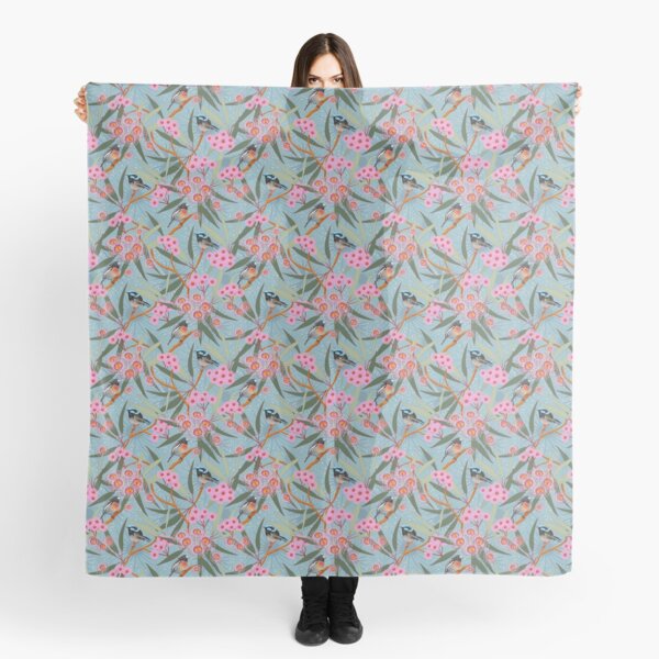 Australian Eucalyptus Flowers with Fairy Wren and Robin Scarf