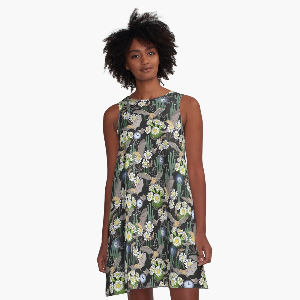 Bats, Moths and Cactus Flowers in Desert Moonlight A-Line Dress