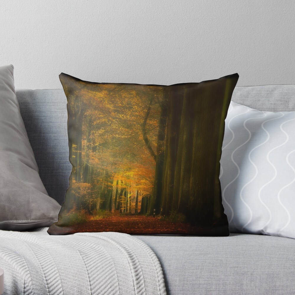 Misty light in woods Throw Pillow