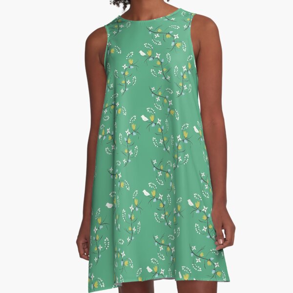 Spring Green Floral A-Line Dress