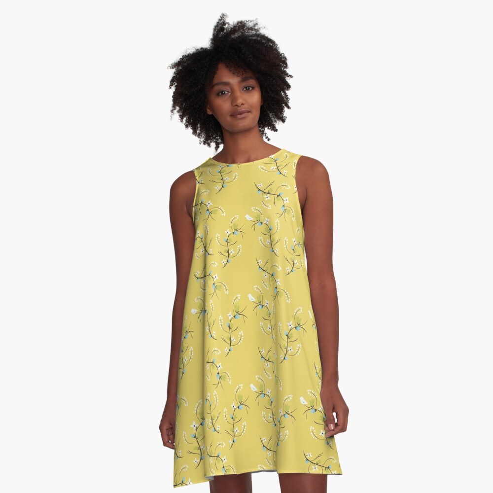 Spring Yellow Floral A-Line Dress