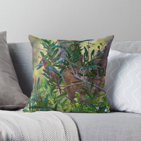 Crimson rosella in my front yard Throw Pillow