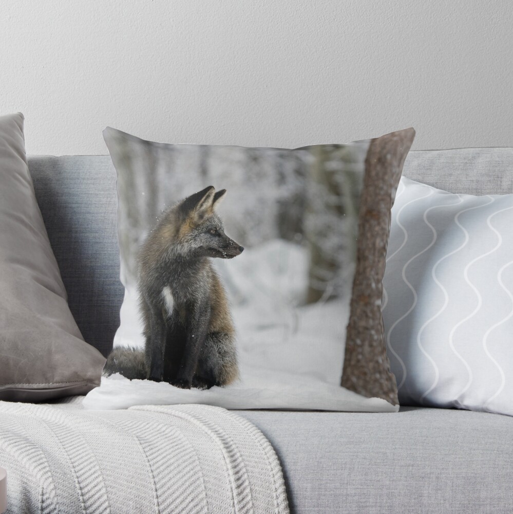 Silver Fox in Snow Throw Pillow