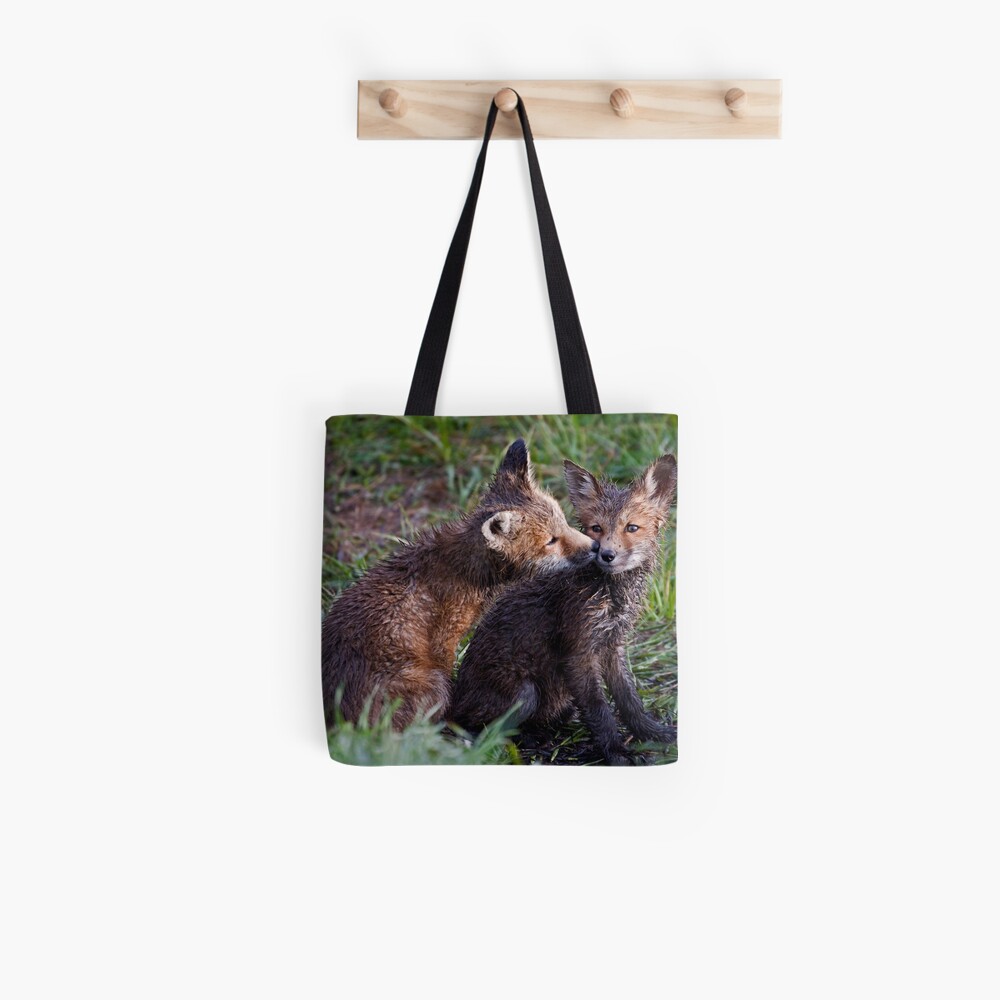 Fox Kits Drenched and Nuzzling Tote Bag