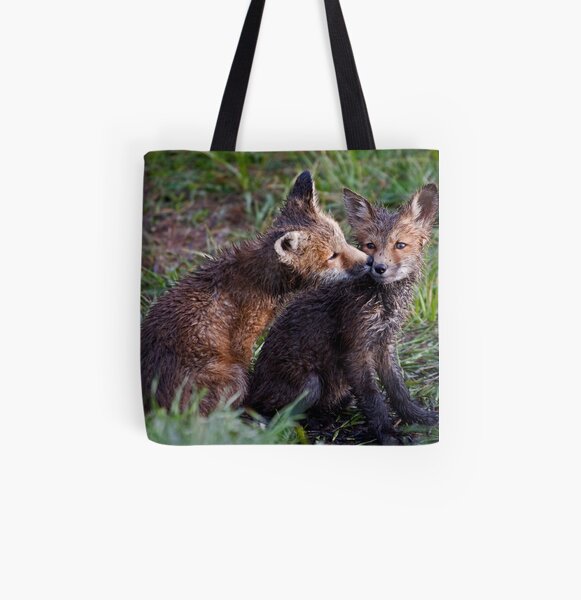 Fox Kits Drenched and Nuzzling All Over Print Tote Bag