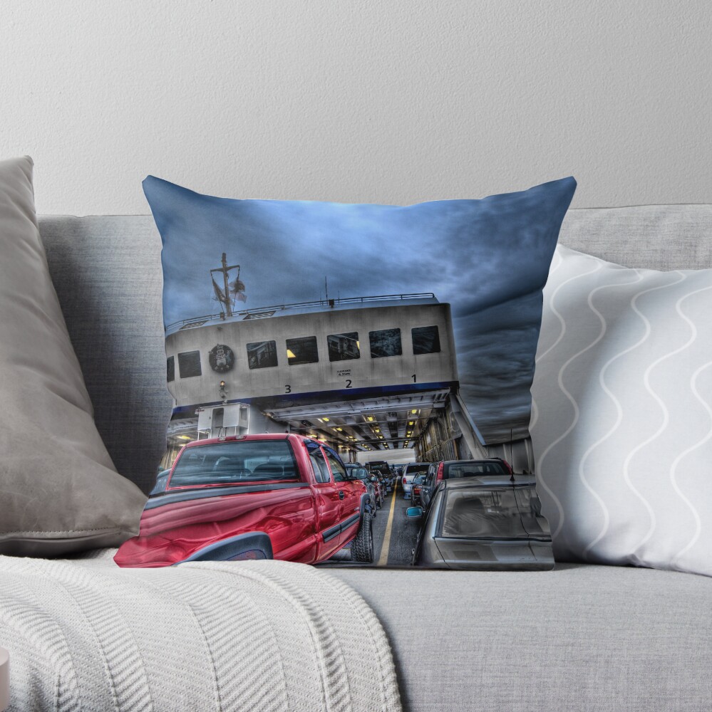 Red Truck on the Ferry Throw Pillow