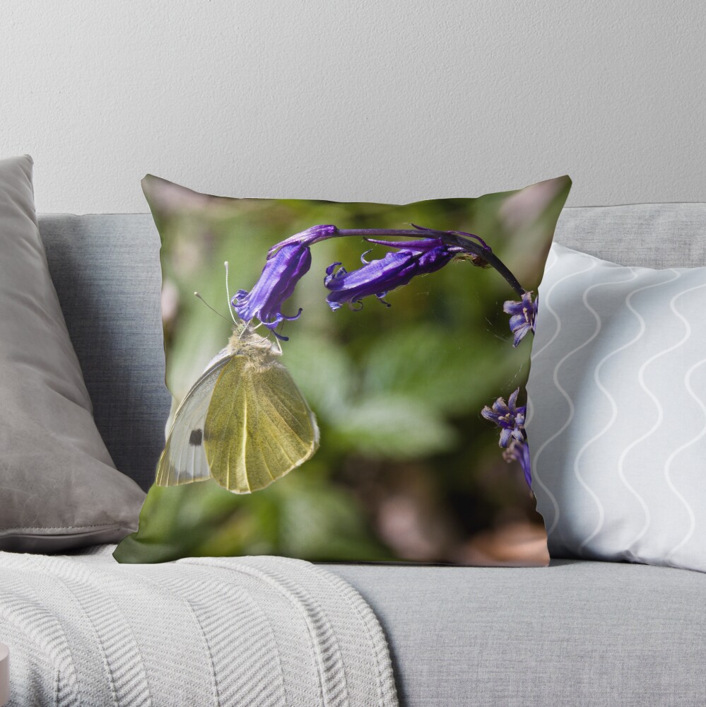 Large White Butterfly (Pieris brassicae) on Bluebell Throw Pillow