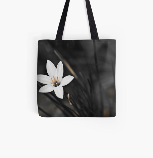 White on black flower All Over Print Tote Bag