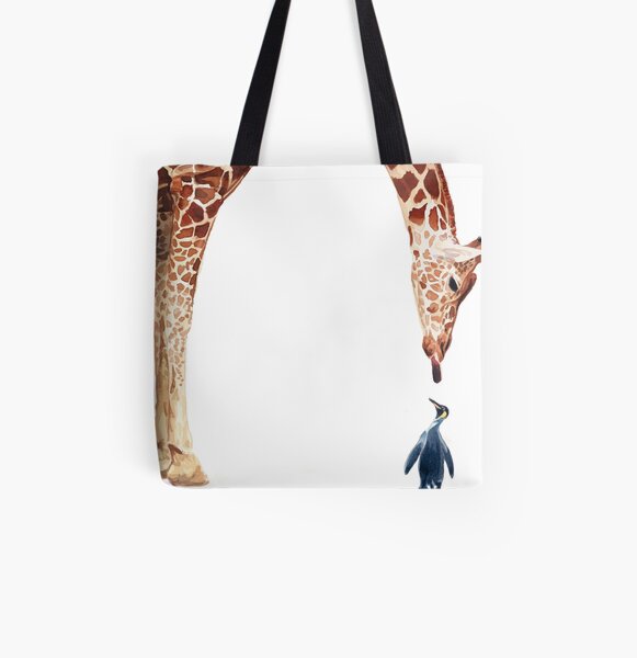 "Licker with Penguin" Giraffe Watercolor All Over Print Tote Bag