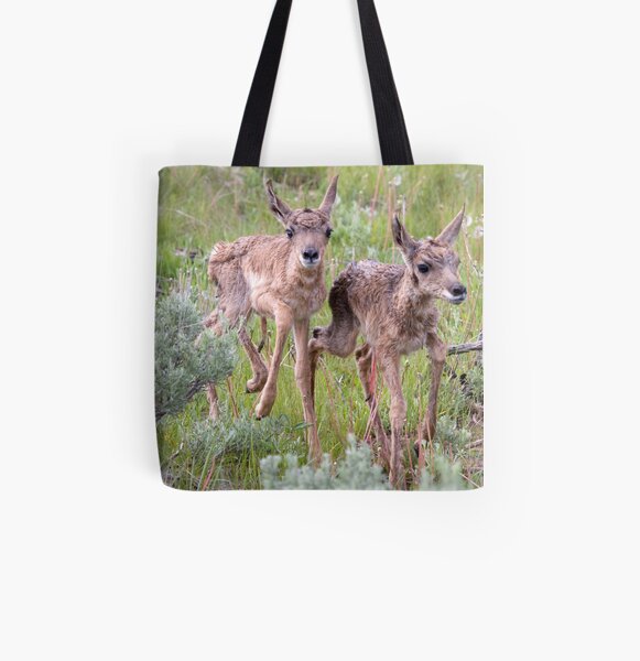 Pronghorn Twins Romping All Over Print Tote Bag