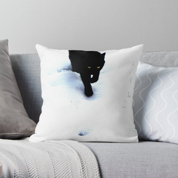 Cat in Snow ~ Black and White Throw Pillow