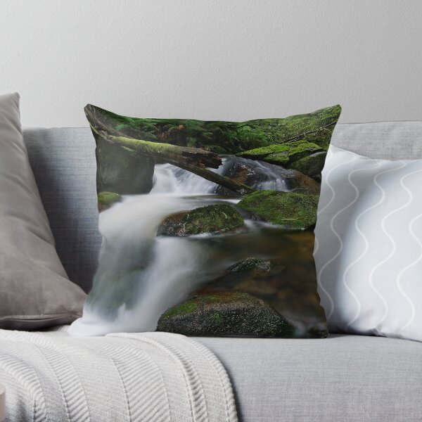 Cascading through the Mossy Boulders Throw Pillow