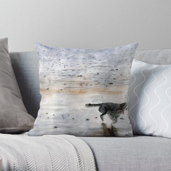 Dog Running On The Beach Watercolor Throw Pillow