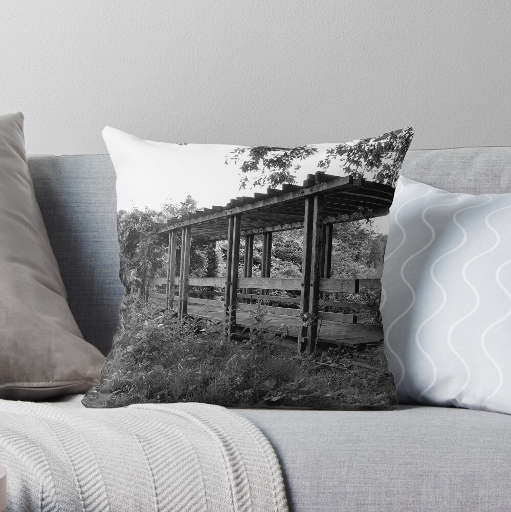 Wooden bridge to the rose garden Throw Pillow