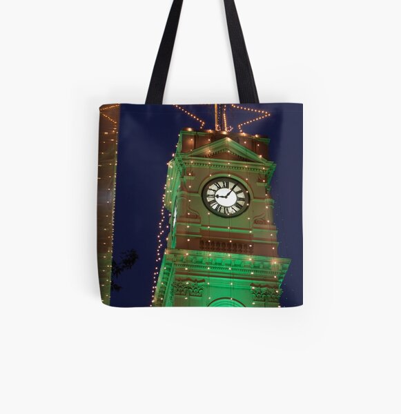 Green Christmas lights on Prahran Town Hall All Over Print Tote Bag