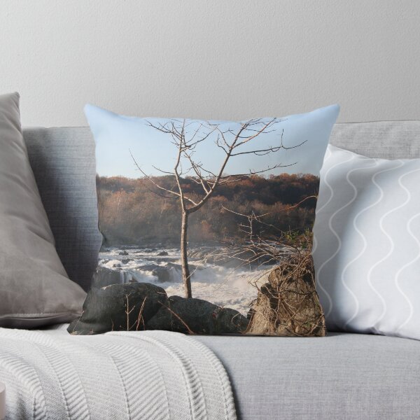 White water and a naked tree Throw Pillow