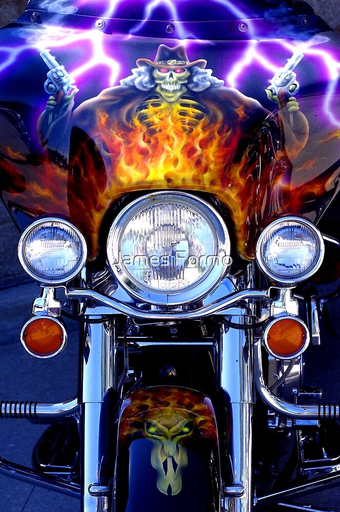 "Motorcycle Art with Skull Pistols and Flames" by James