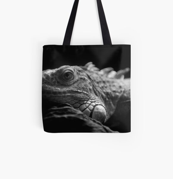 Iguana Up Close in Black and White All Over Print Tote Bag