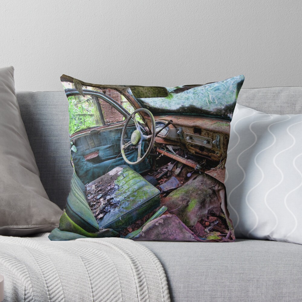 Car in the woods, Front Seat Throw Pillow