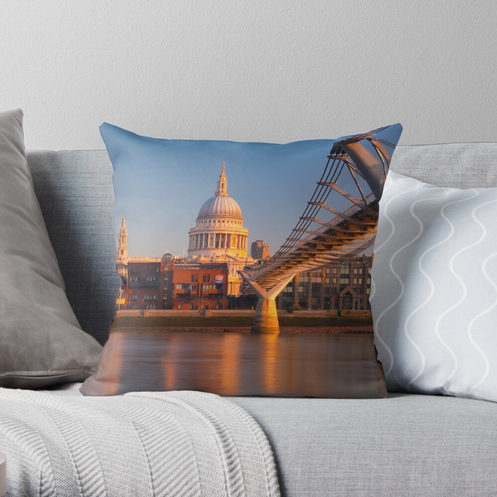 UK, London, St. Paul's Cathedral and Millennium Bridge over River Thames Alan Copson © 2010 (20046-04) Throw Pillow