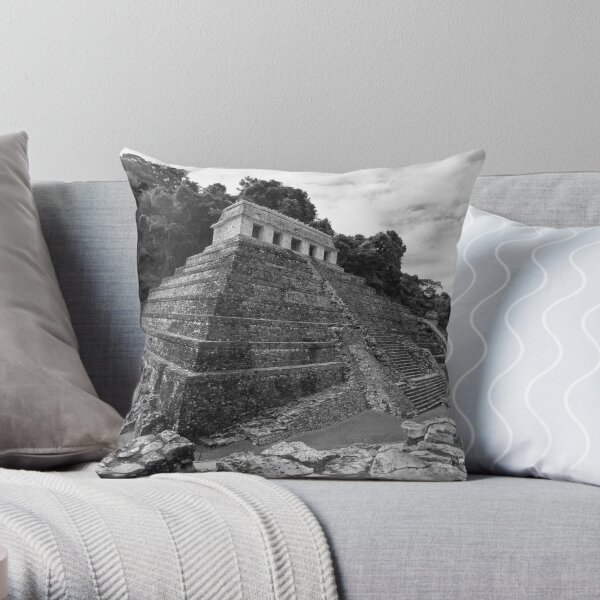 Temple of the Inscriptions - B&W Throw Pillow