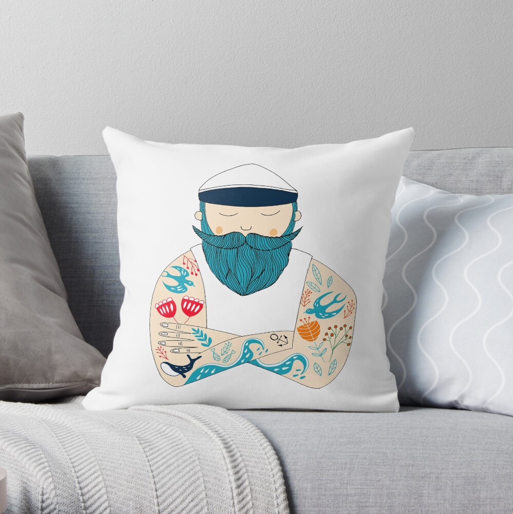 sailor with tattoo flowers and whale. A gift from the coast Throw Pillow