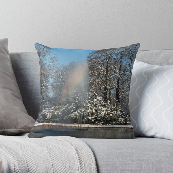 Rainbow fountain in snowy park Throw Pillow