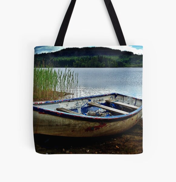 Boat Resting On Loch Ard, Scotland. All Over Print Tote Bag