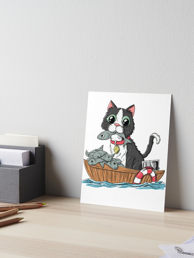 Cute Funny Cat Eat Fish Fishing Gift Art Board Print for Sale by Freid