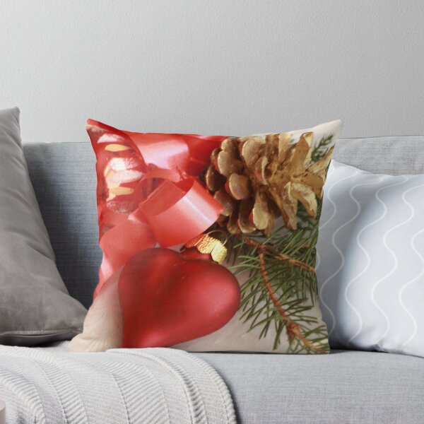 Item preview, Christmas greens with red heart and ball with gilt pine cone on white damask designed and sold by pogomcl.