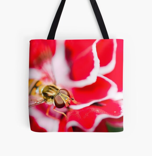 Hover fly on carnation All Over Print Tote Bag