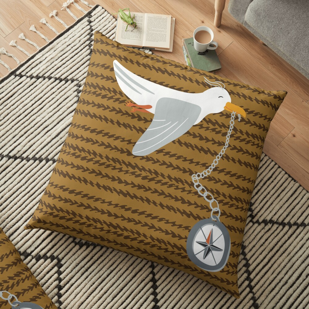 Funny seagull fleeing with compass in beak Floor Pillow