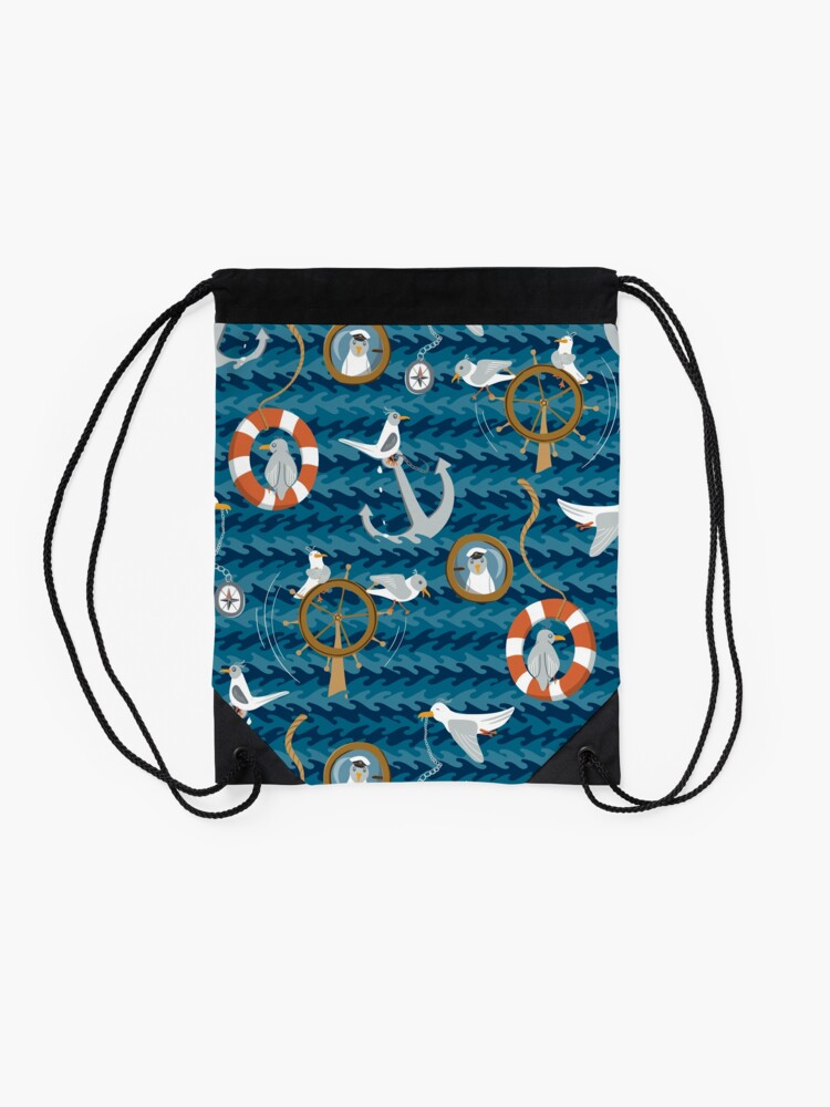 Alternate view of Funny seagulls wreaking havoc on ship Drawstring Bag