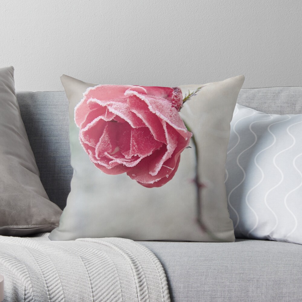 Frosted Red Rose Throw Pillow