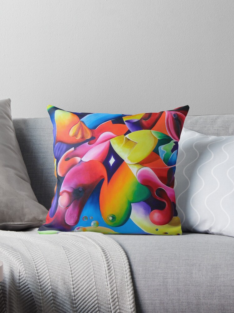 Thumbnail 1 of 4, Pillow, "Preconceptions" - colorful abstract expressionistic oil painting designed and sold by jknowles.