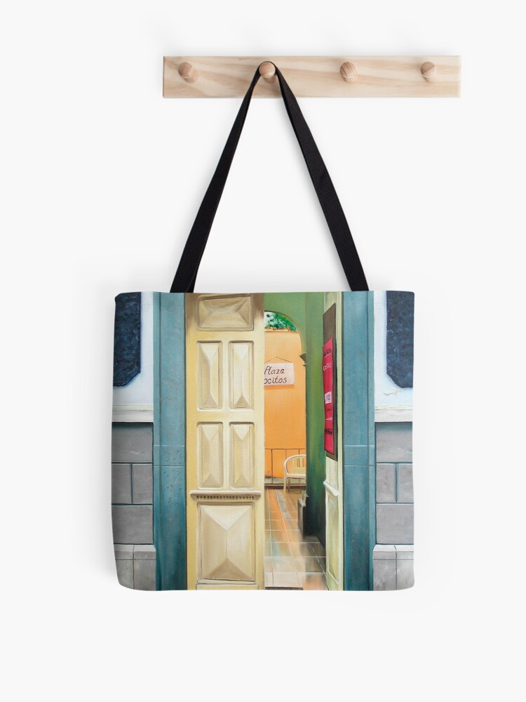 Thumbnail 1 of 2, Tote Bag, "Plaza Positos" - Oil painting of an old Mexican door designed and sold by jknowles.
