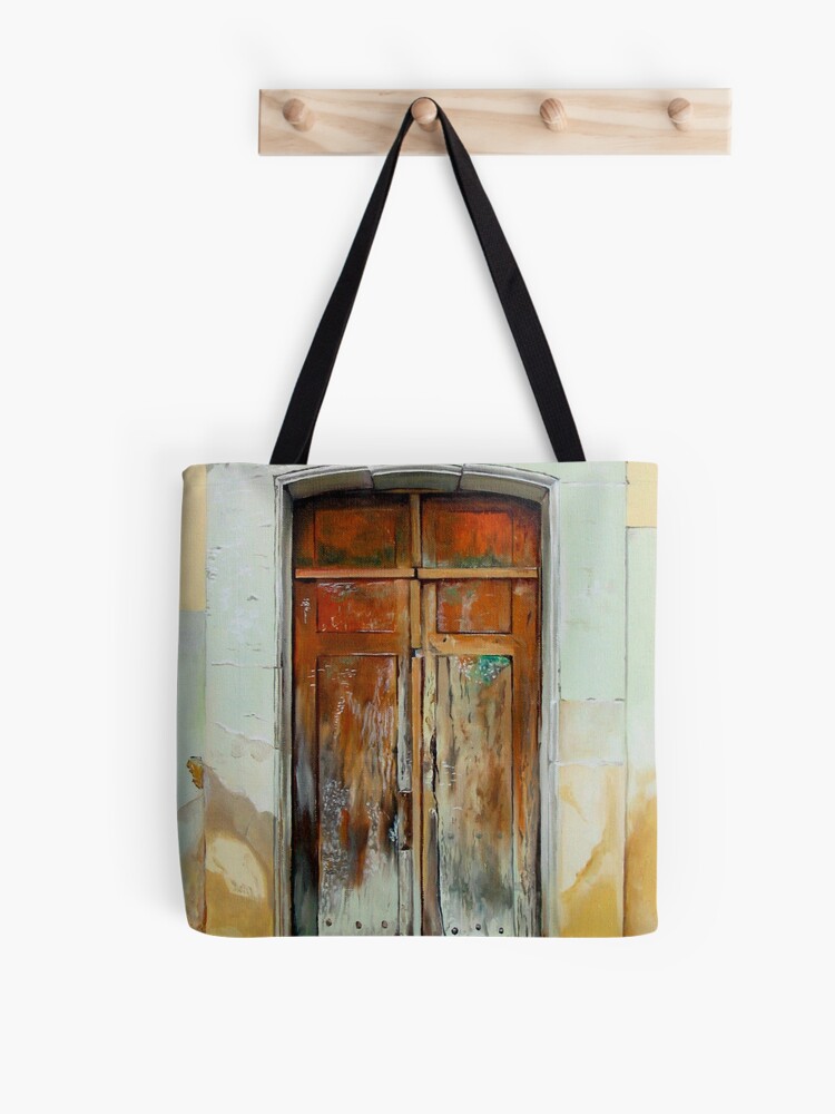 Thumbnail 1 of 2, Tote Bag, "Puerta Cafe" - oil painting of an old Mexican door designed and sold by jknowles.