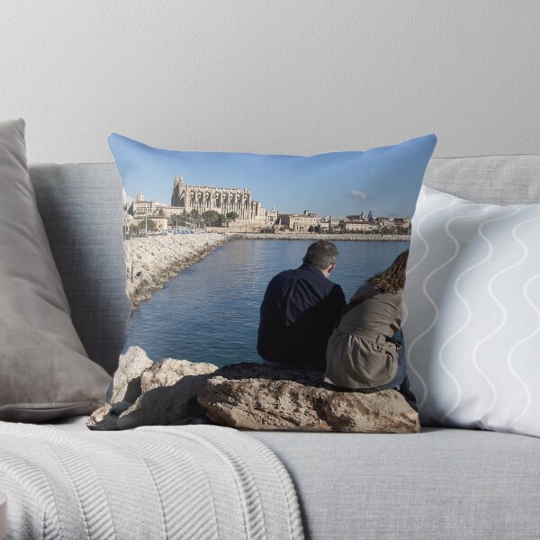 View of the Cathedral from a spot in Palma harbour Throw Pillow