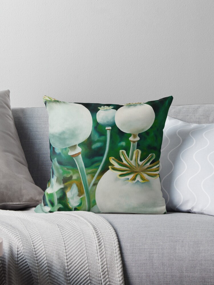 Thumbnail 1 of 4, Pillow, Poppy Heads - oil painting of green poppy heads designed and sold by jknowles.
