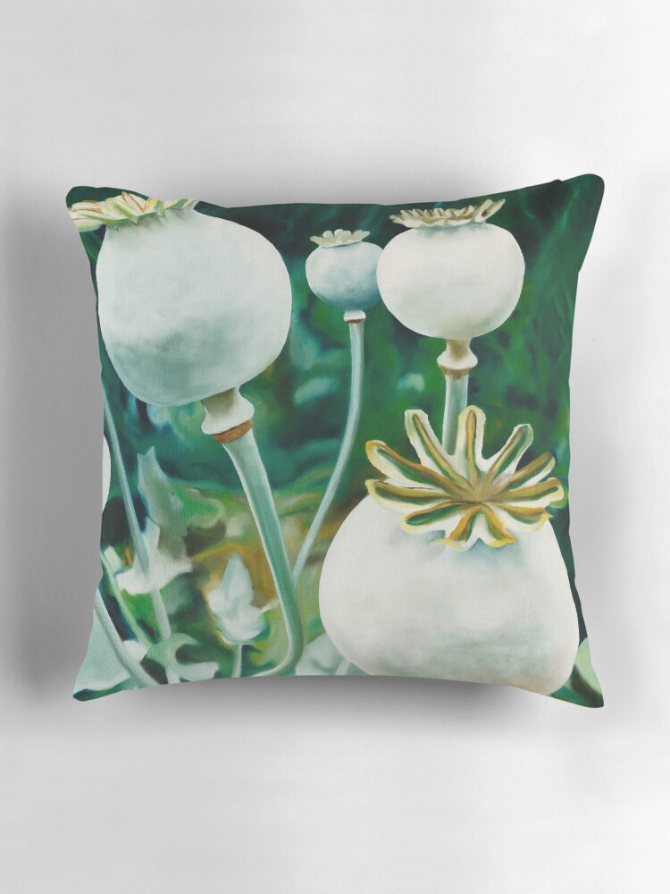 Thumbnail 3 of 4, Pillow, Poppy Heads - oil painting of green poppy heads designed and sold by jknowles.