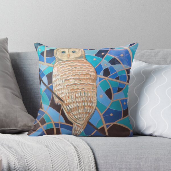 Blue Al Whimsical Owl Painting Throw Pillow