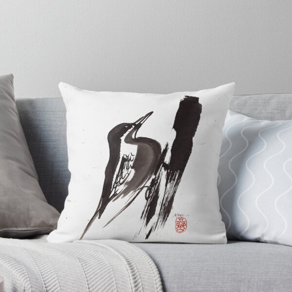 Nut Hatch Sumi-e Throw Pillow
