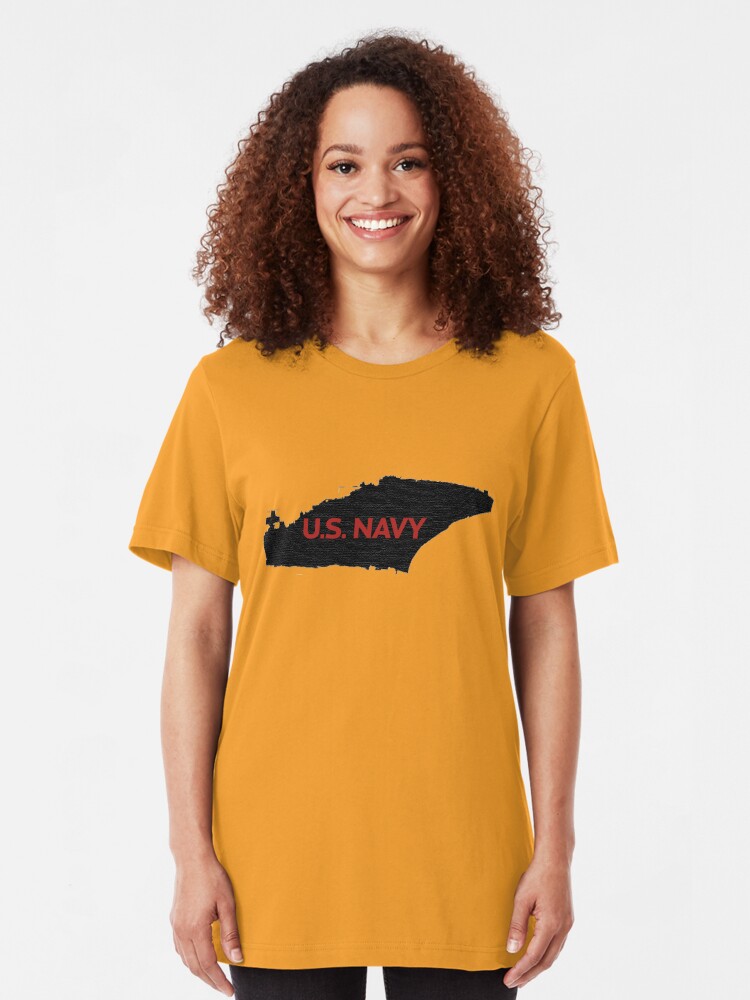 Alternate view of U.S. Navy - Aircraft Carrier - Orange Text Slim Fit T-Shirt