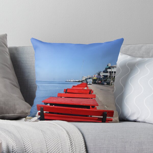 Red Benches By the Beach Throw Pillow